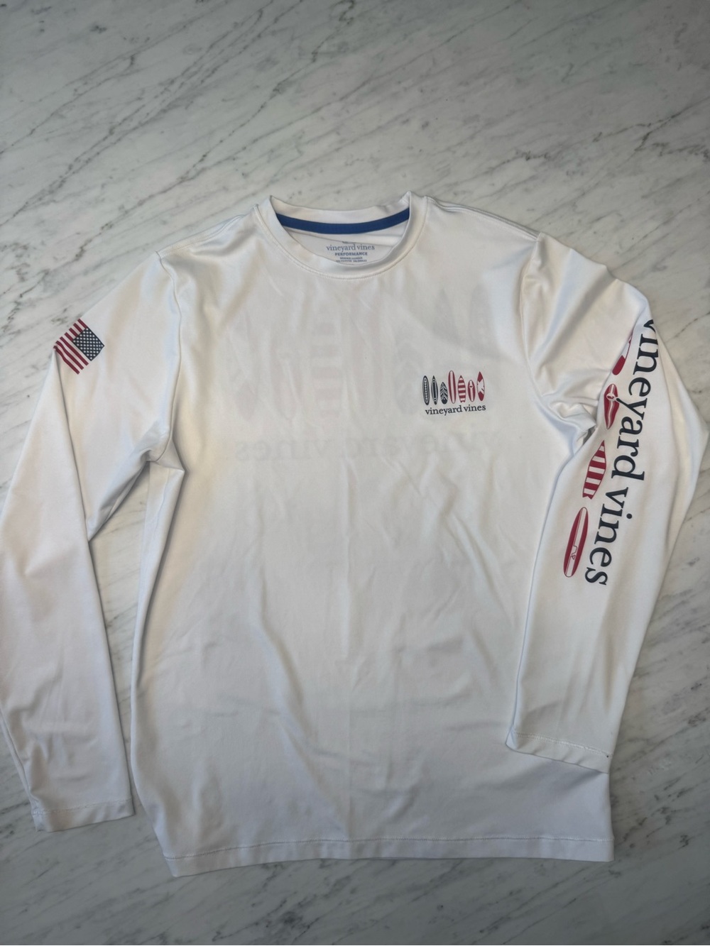 Vineyard Vines White Long-Sleeve Logo Tee with Red & Blue Accents